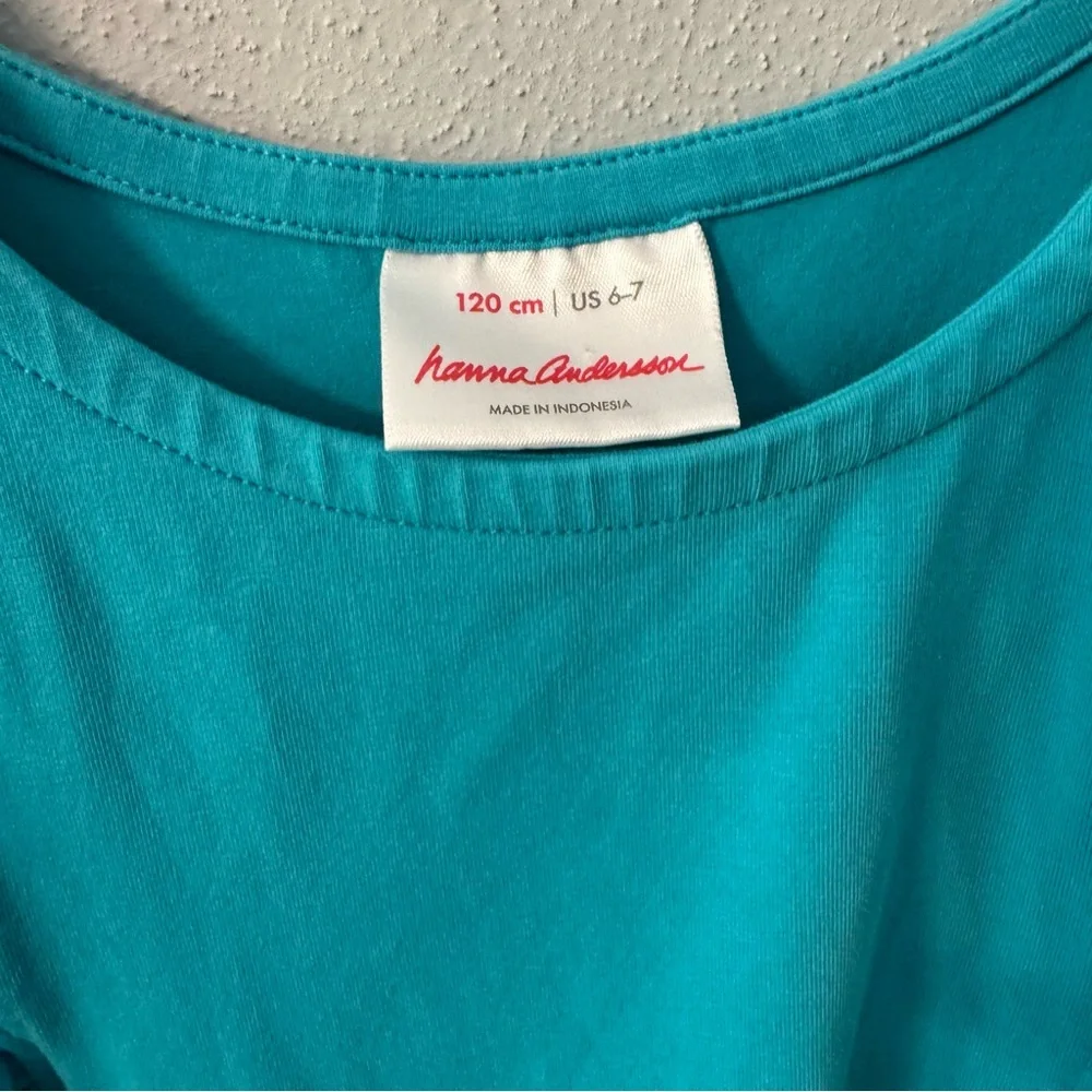 Hanna Andersson Girl Teal Blue Ruffle Trim Cap Sleeve Knit Dress Size 120 US 6-7